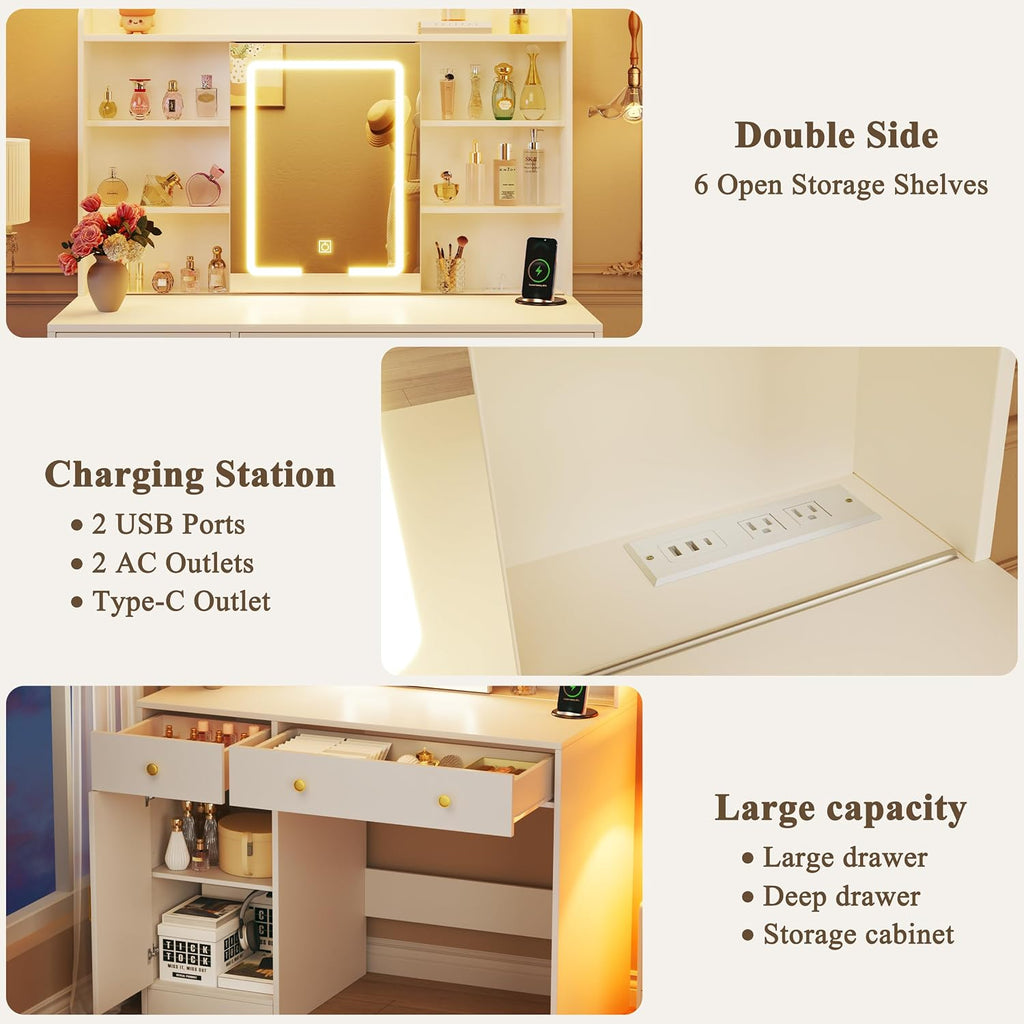 HUAHUU 37.4" Vanity Desk with Mirror and Lights, Makeup Vanity with LED Sliding Mirror, 3-Color Lights, USB/Type-C Charging, White Vanity Desk with Storage Cabinet, 2 Drawers & 6 Shelves for Bedroom