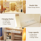 HUAHUU 37.4" Vanity Desk with Mirror and Lights, Makeup Vanity with LED Sliding Mirror, 3-Color Lights, USB/Type-C Charging, White Vanity Desk with Storage Cabinet, 2 Drawers & 6 Shelves for Bedroom