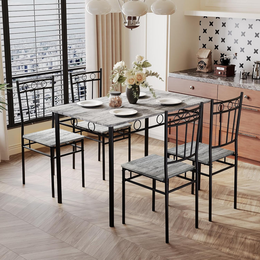 5 Piece Dining Table Set, Modern Metal&Wood Kitchen Dinner Table with 4 Chairs, Dining Room Table Sets for Small Spaces, Gray