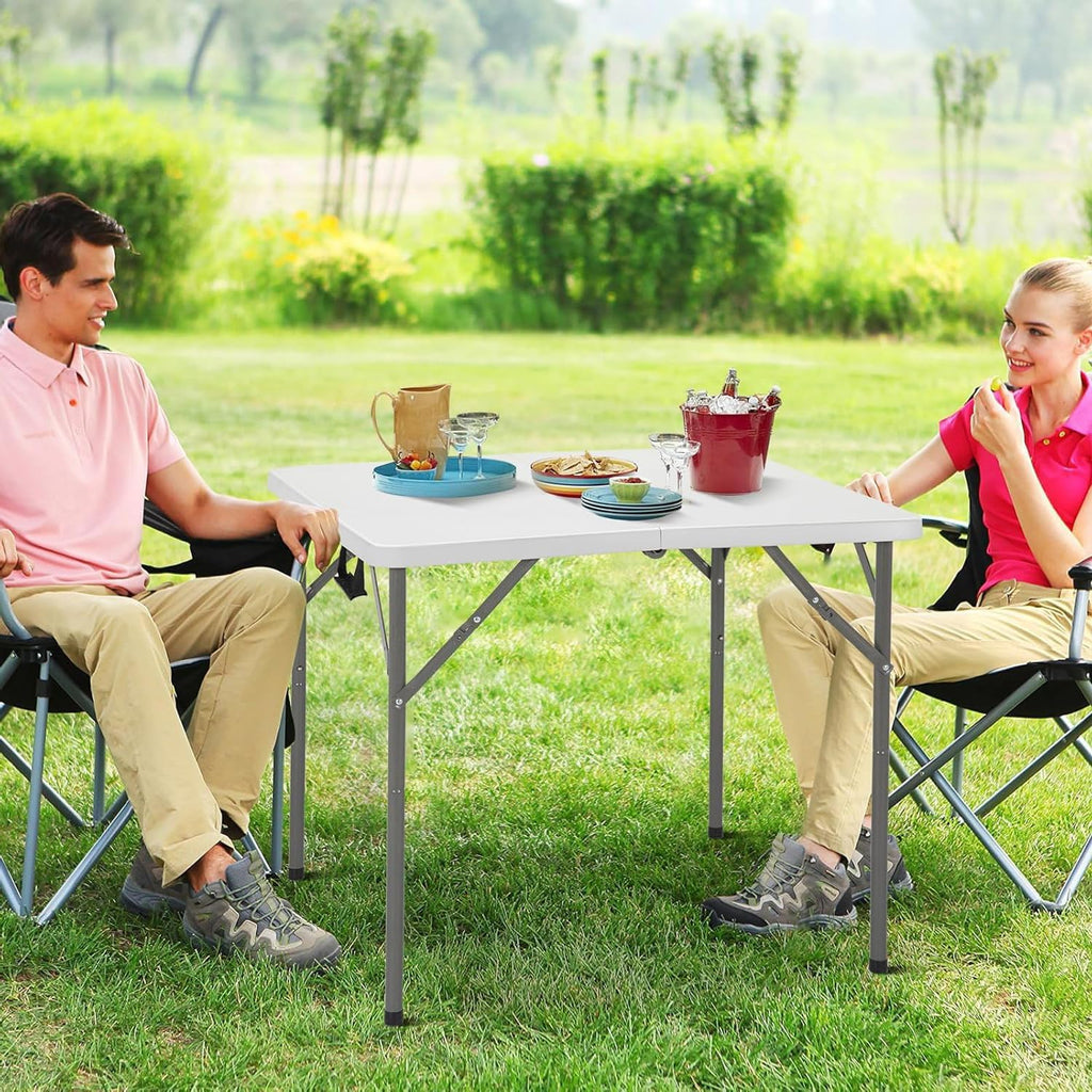 34" Square Folding Table, Portable Plastic Table No Assembly Needed, Fold-in-Half Design with Handle for Indoor Outdoor, Camping, Events, Banquets - White