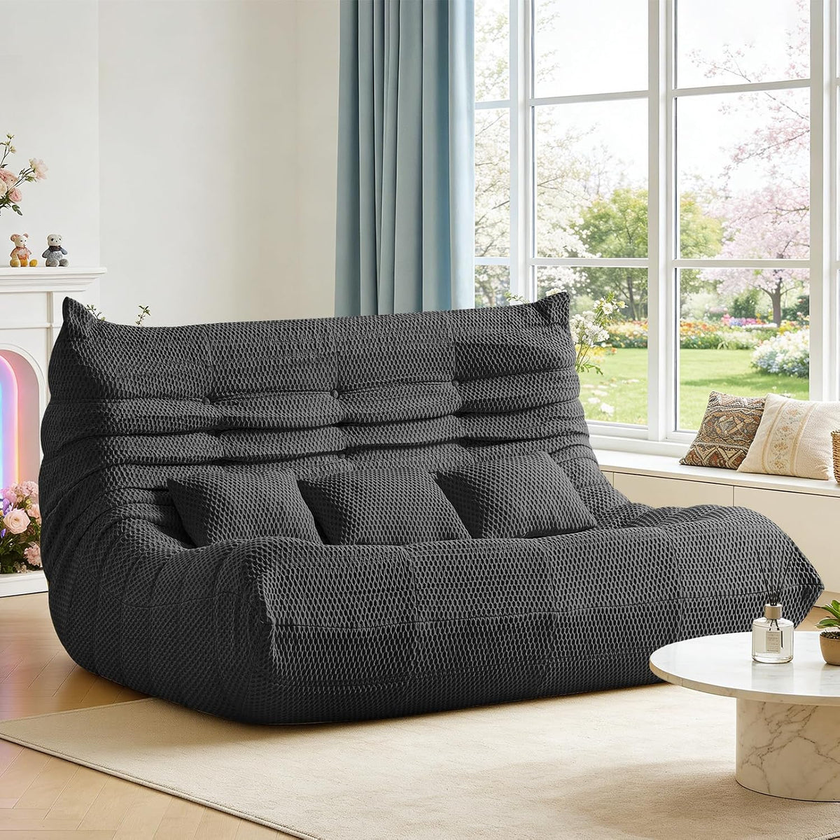 Bean Bag Chair for Adults - Large Bean Bag with Three Pillows, Oversized Chair with High-Rebound Memory Foam, Lazy Floor Sofa for Reading, Gaming, Living Room, Bedroom (3-Seater, Grey)
