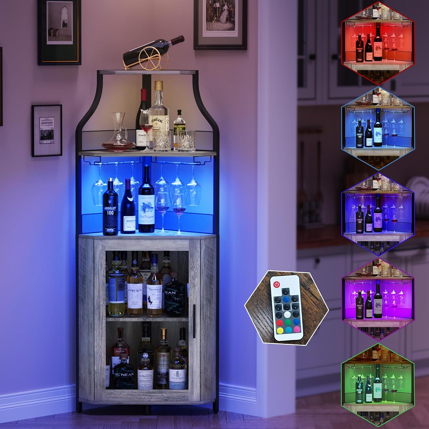GAOMON Corner Bar Cabinet with LED Strip and Glass Holder, Industrial Wine Cabinet with Adjustble Shelf, 5-Tiers Liquor Cabinet Bar Cabinet for Home, Corner Display Cabinet for Small Space,Grey