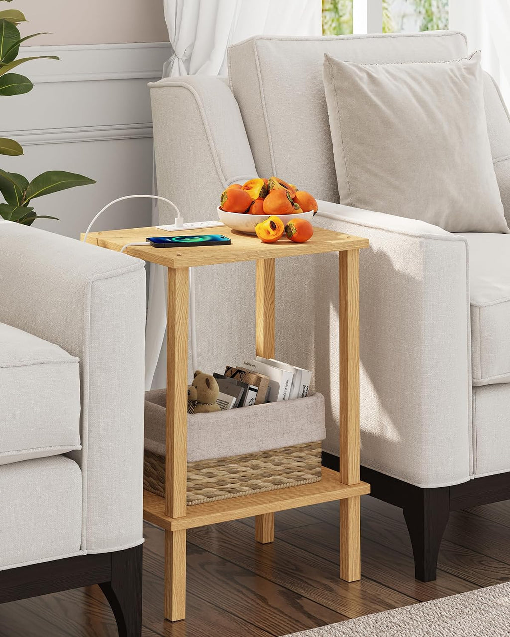 TUTOTAK End Table with Charging Station, Set of 2, Small Side Table with Outlets, Nightstand Bedside Table, 2-Tier Storage Shelf for Small Space, Living Room, Bedroom Natural TB01BN041