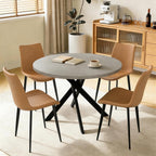 44" Round Dining Table with Chair Set for 4, Modern Mid-Century Dining Table Set of 4, Cozy Dinette Sets with Metal Leg for Kitchen Dining Room Apartment(Gray Table + Brown Chairs) | Cushioned Minimalist Brown Chairs of 4, Mid-Century Grey Tabletop