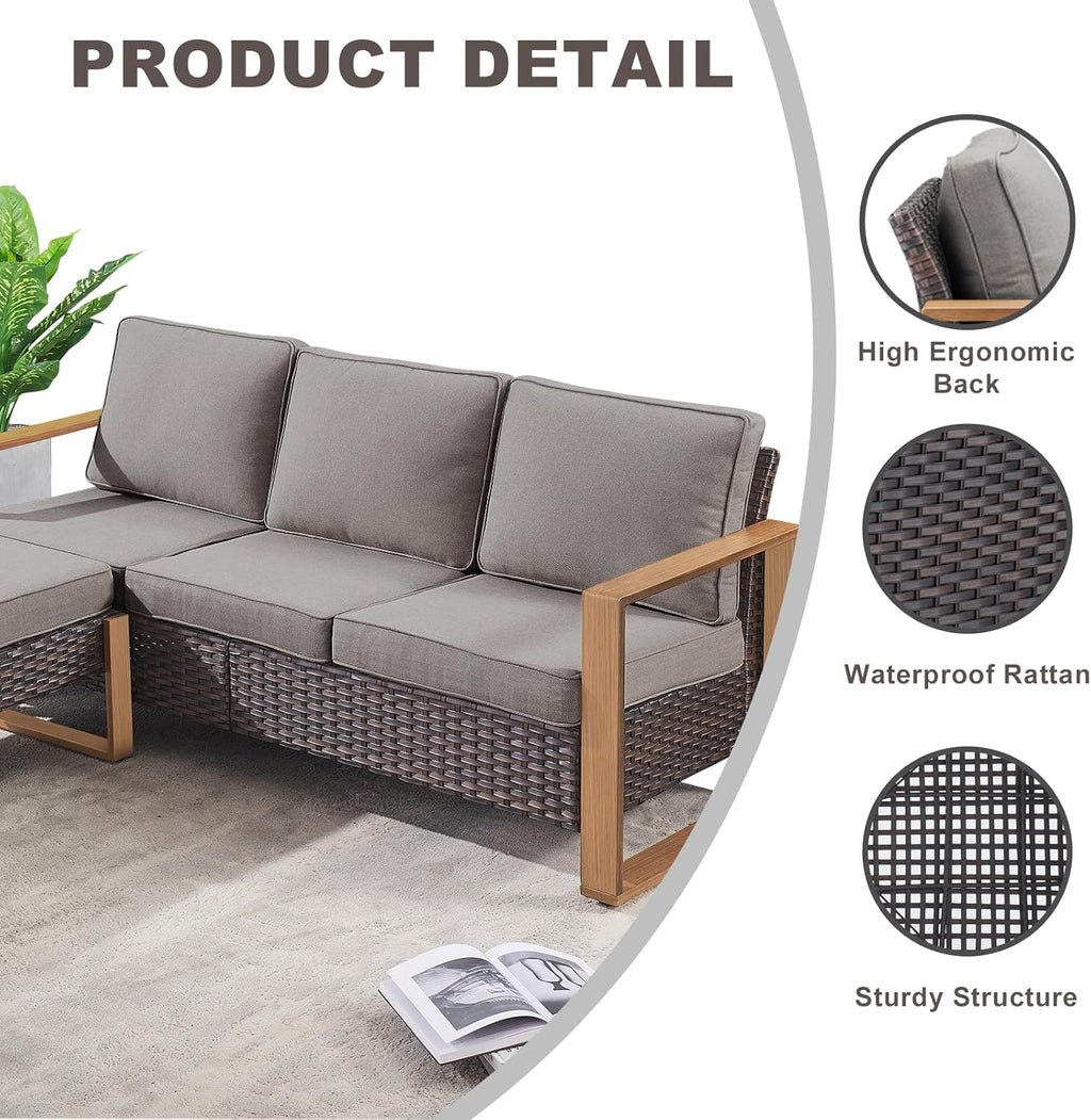 Rilyson Outdoor Couch Wicker Patio Sofa, Rattan Patio Furniture Sofa with Sturdy Frame,All-Weather PE Wicker,Wide Armrest,Deep Seating and Thick Cushions for Deck Porch Garden(Brown/Grey)