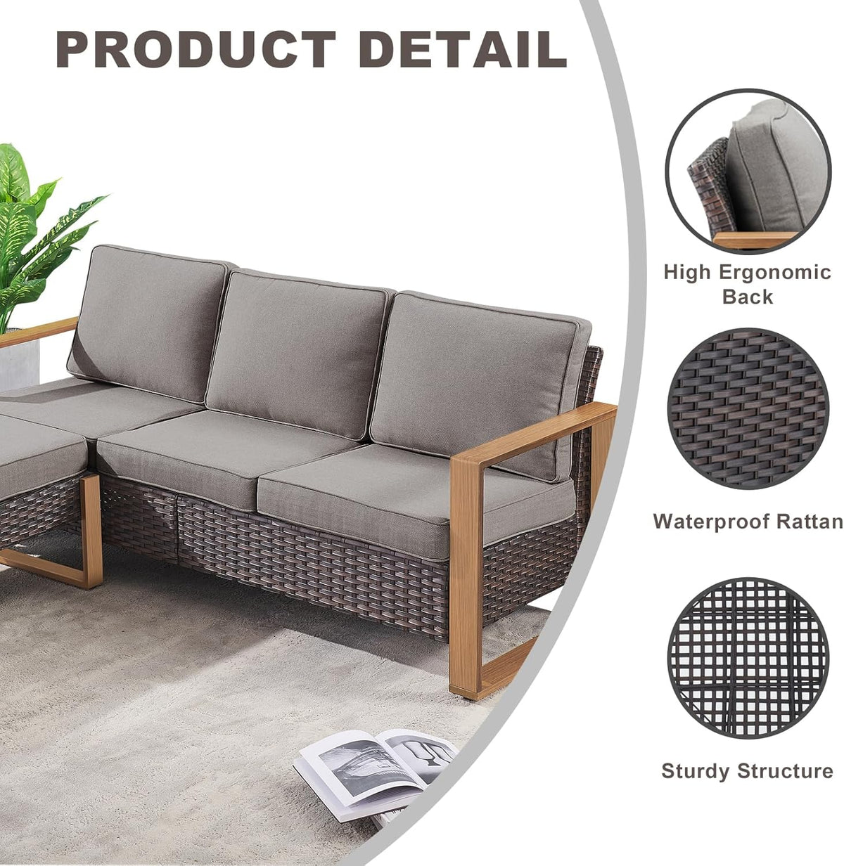 Rilyson Outdoor Couch Wicker Patio Sofa, Rattan Patio Furniture Sofa with Sturdy Frame,All-Weather PE Wicker,Wide Armrest,Deep Seating and Thick Cushions for Deck Porch Garden(Brown/Grey)