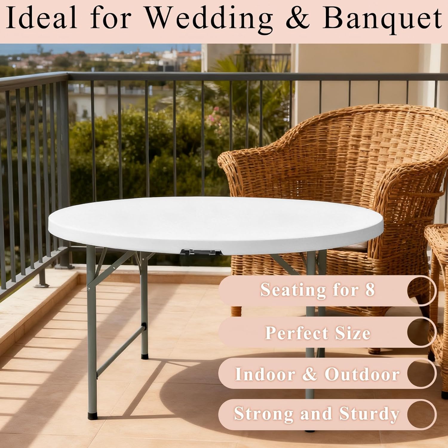 4 FT Round Folding Tables with Carrying Handle Lightweight Portable Plastic Commercial Table Steel Legs for Party, Dining, Wedding, Events, Picnic Indoor, Outdoor (White,1 Pack)