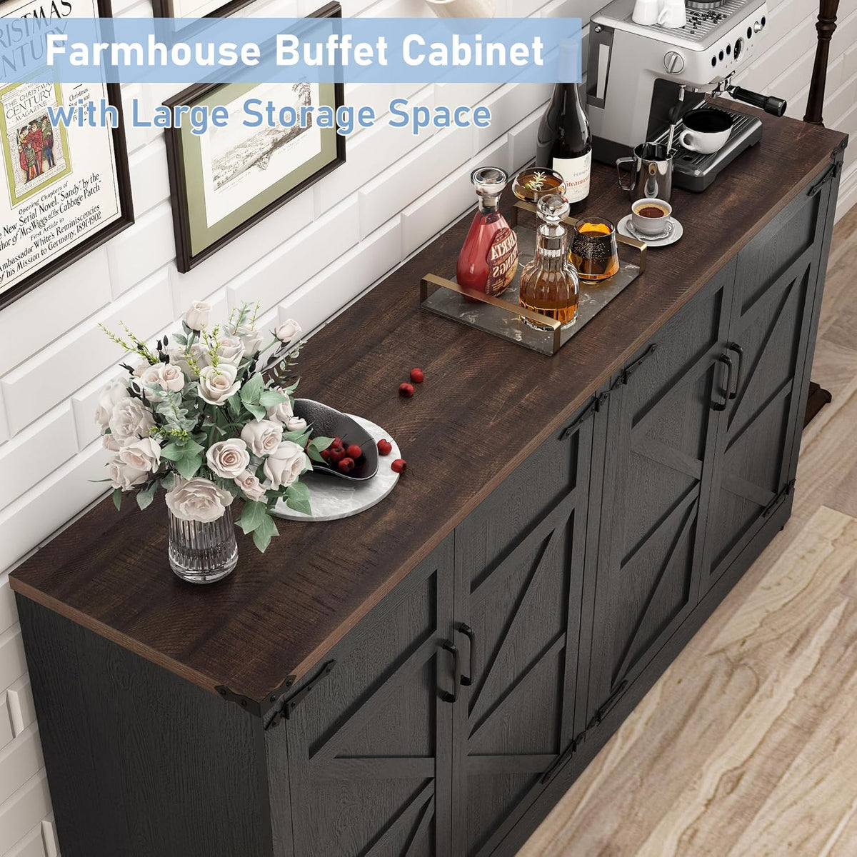 Sideboard Buffet Cabinet with Storage - 65 Inch Farmhouse Kitchen Pantries Sideboard Cabinets with Adjustable Shelves, Wooden Coffee Bar Cabinet Buffet Table for Kitchen, Dining Room, Black