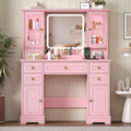 HUANLEGO Farmhouse Makeup Vanity Desk with Mirror and LED Lights, Pink | Vanity Mirror with Lights Desk for Women, Makeup Table Set with RGB Cabinet and 6 Drawers, Charging Station, 3 Light Modes