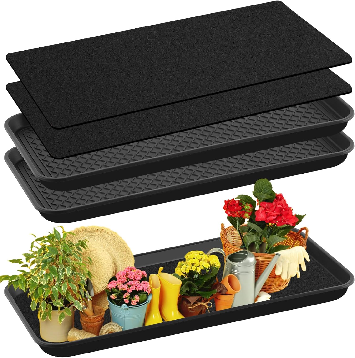 Vesici 2 Set/4 Pcs Large Self-Watering Plant Trays (30"x15") and 3mm Capillary Mat-Automatic Watering System for Indoor/Outdoor Plants, Durable Plastic Seedling Trays for Potted Plant, Garden