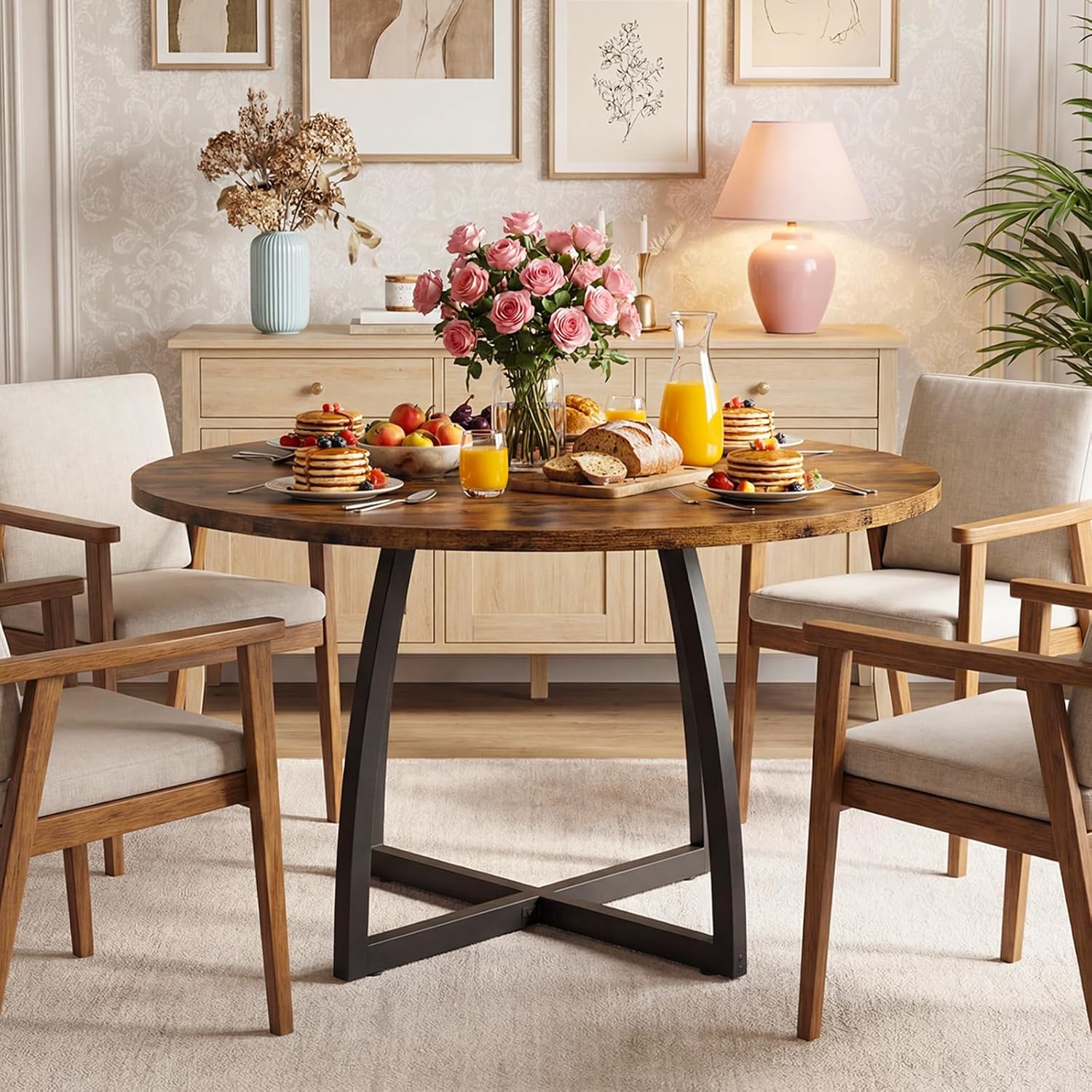 CHOEZON 47.2-Inch Round Dining Table for 4, Kitchen Dining Room Circle Dinner Pedestal Table, Farmhouse Kitchen Table with Retro Brown Tabletop, Curved Black Metal Legs, Easy Assembly TCZ13BFC1