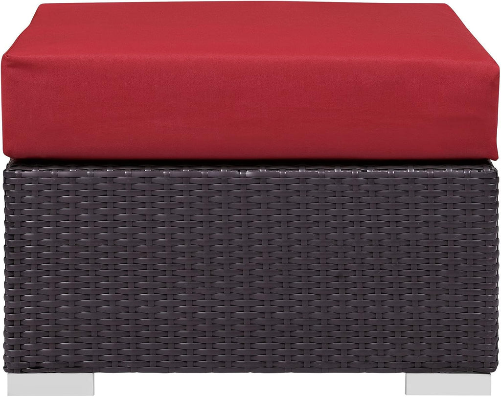 Modway Convene Wicker Rattan Outdoor Patio Square Ottoman with Cushions in Espresso Red