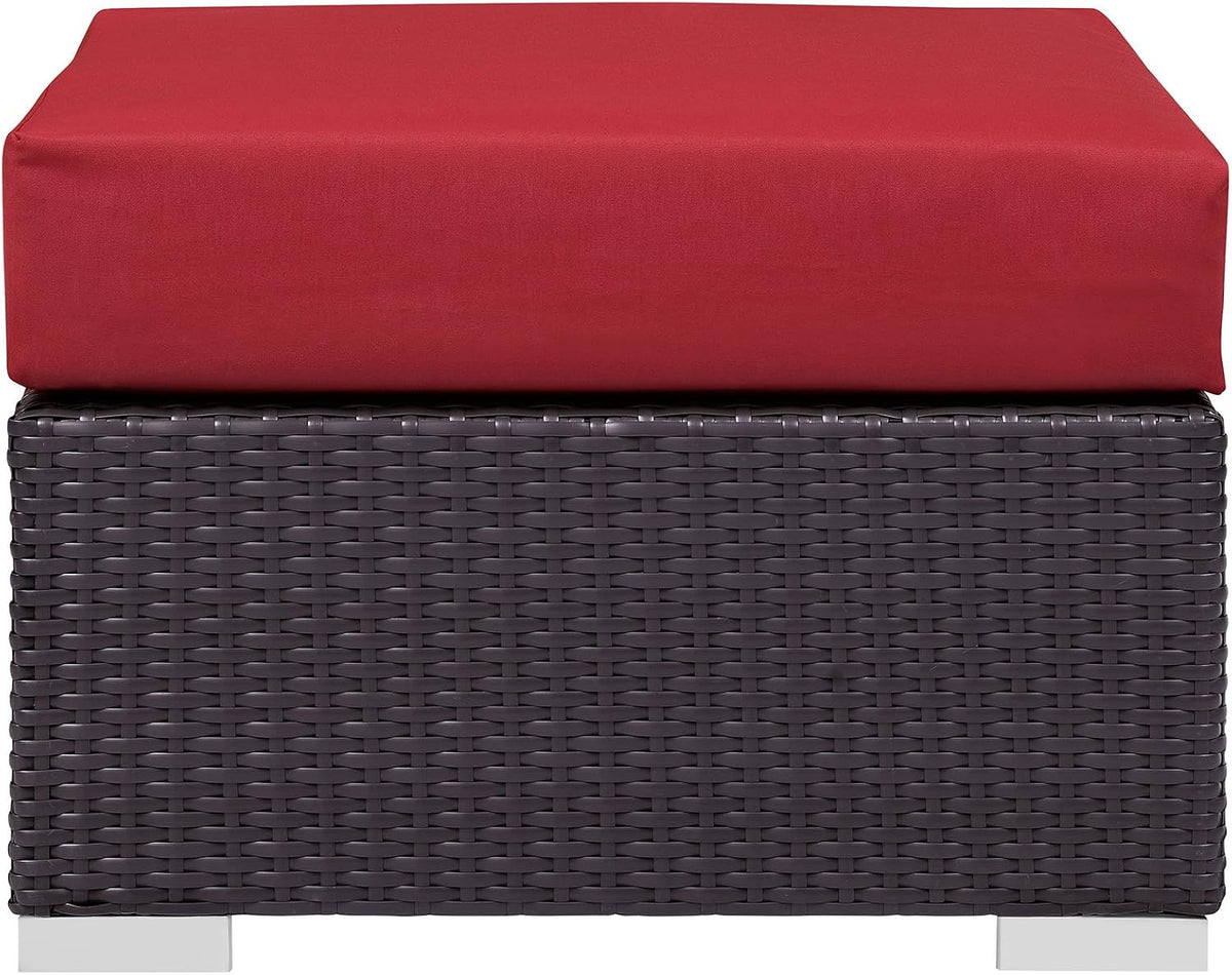 Modway Convene Wicker Rattan Outdoor Patio Square Ottoman with Cushions in Espresso Red