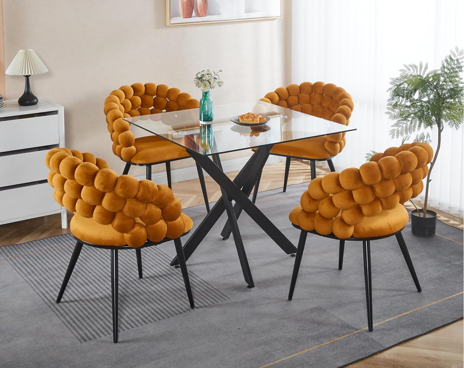 Square Dining Table for 4, 36" Modern Glass Kitchen Dining Room Table with Black Metal Cross Legs, Tempered Glass Tabletop, Perfect for Dinner Kitchen Living Dining Room