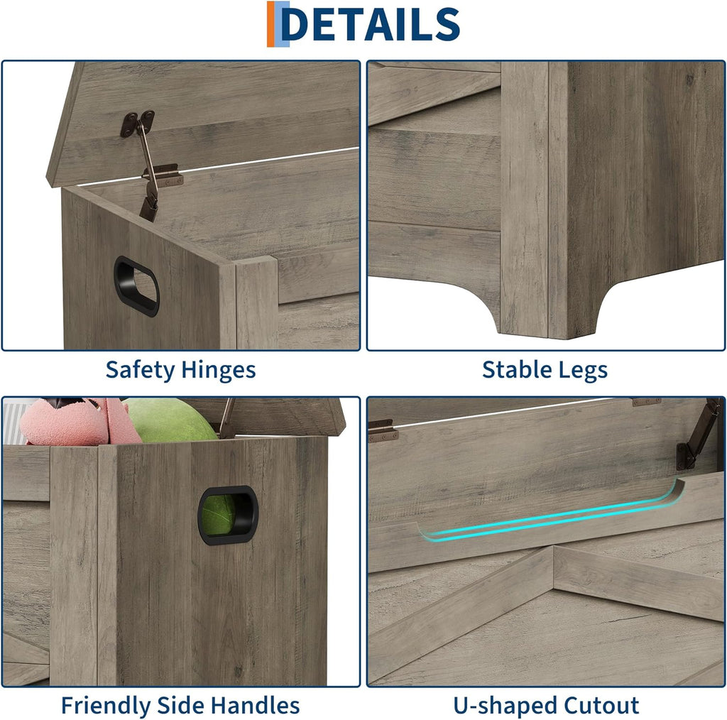 GAOMON Storage Chest, Storage Bench with Safety Hinge, Farmhouse Style Wooden Trunk for Entryway, Bedroom, Living Room, Washed Grey