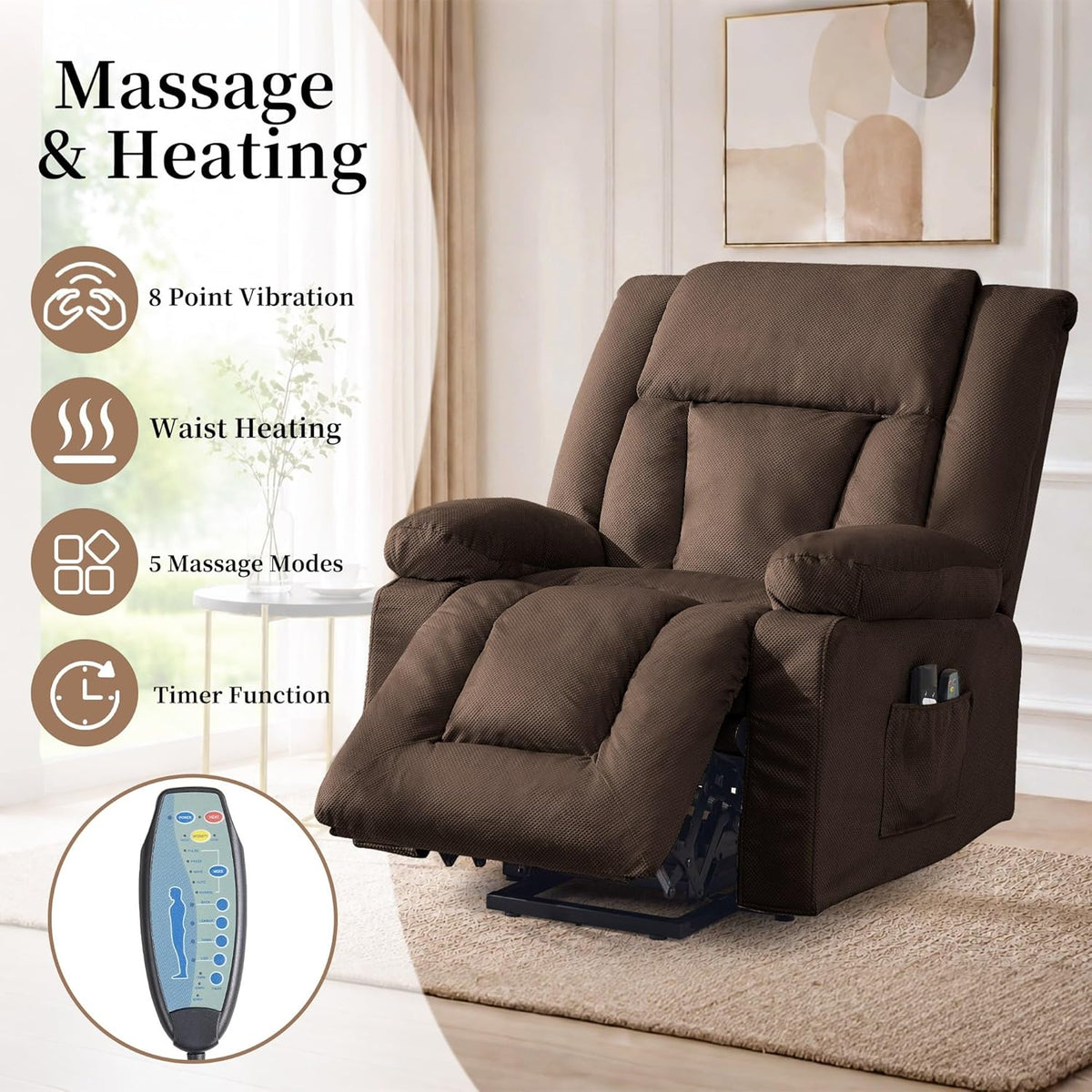 Korser Dual Motor Power Lift Recliner Chair for Elderly with Massage and Heat, Oversized Electric Recliner with Side Pockets, Living Room, Waffle, Brown
