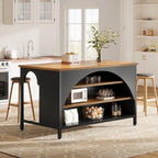 Tribesigns Kitchen Island with 3 Storage Shelves, 55" W Kitchen Shelf with Large Countertop and Seating Area, Modern Wooden Coffee Bar Table (Black)