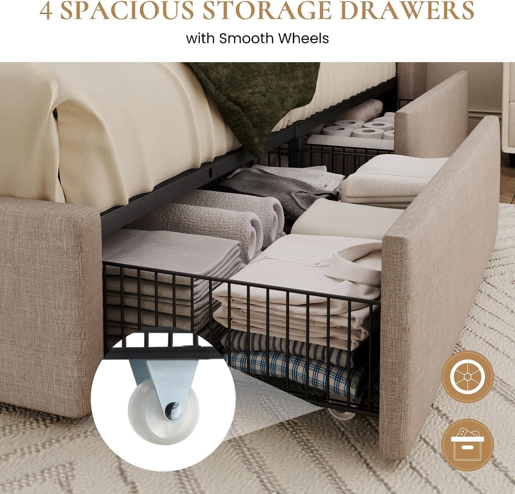 SHA CERLIN Queen Size Storage Bed Frame with 4 Oversized Drawers, Modern Wingback Headboard with Storage Shelf & Charging Station, No Box Spring Needed, Easy Assembly, Beige