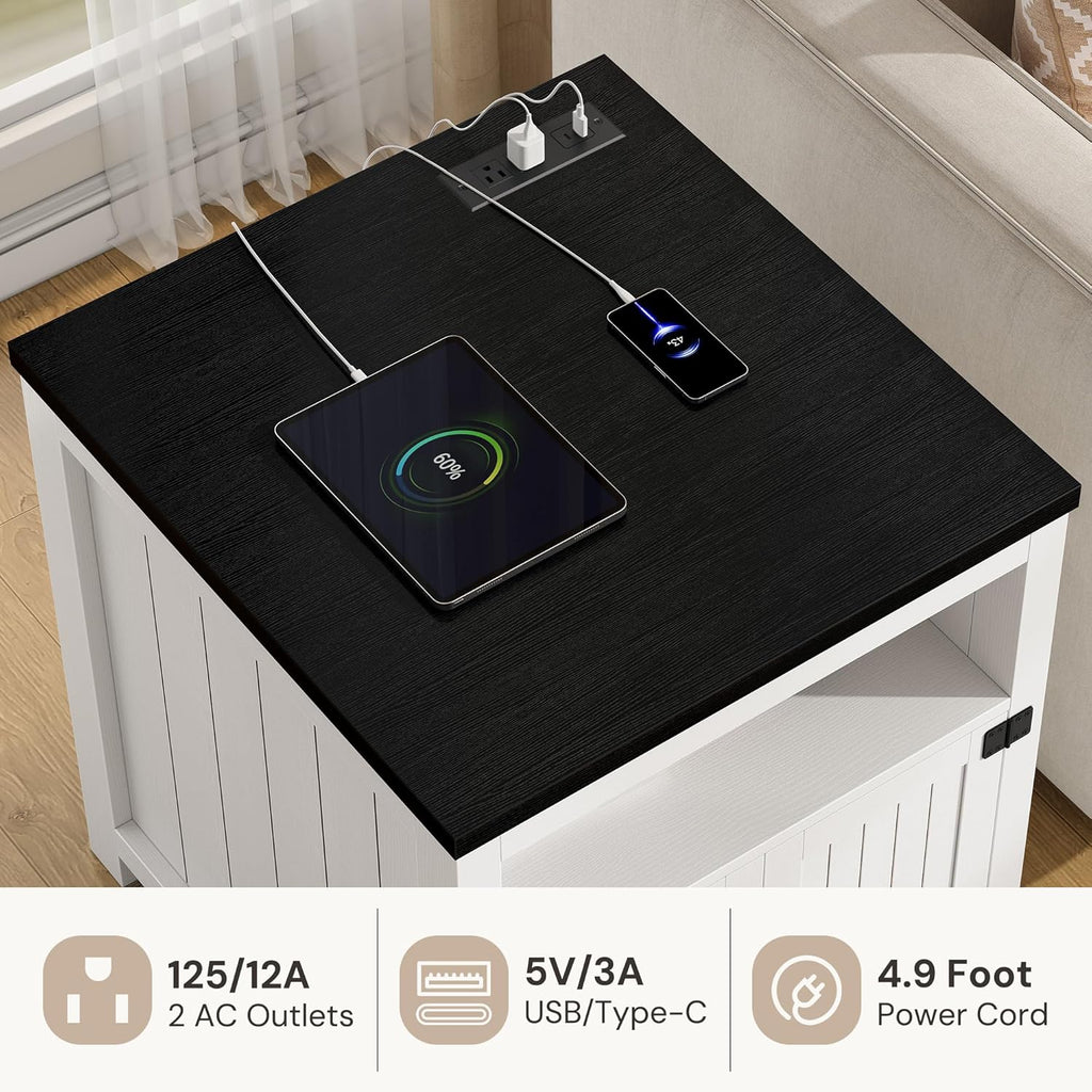 Farmhouse End Table with Charging Station, 24" Large Side Table with Open Shelf and Barn Door Storage, Wood Square Bedside Table Nightstand for Living Room, Bedroom (1, White)