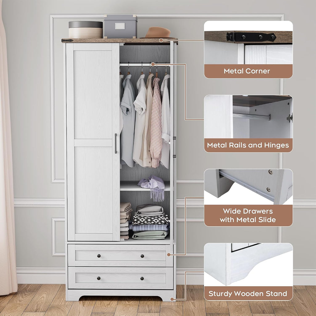 Brafab 2 Doors Wooden Armoire Wardrobe Closet with 2 Drawers, White | 2 Modern Doors, Freestanding, with Drawers and Hanging Rail, Wooden Storage Cabinet with Shelf, for Bedroom