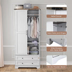 Brafab 2 Doors Wooden Armoire Wardrobe Closet with 2 Drawers, White | 2 Modern Doors, Freestanding, with Drawers and Hanging Rail, Wooden Storage Cabinet with Shelf, for Bedroom