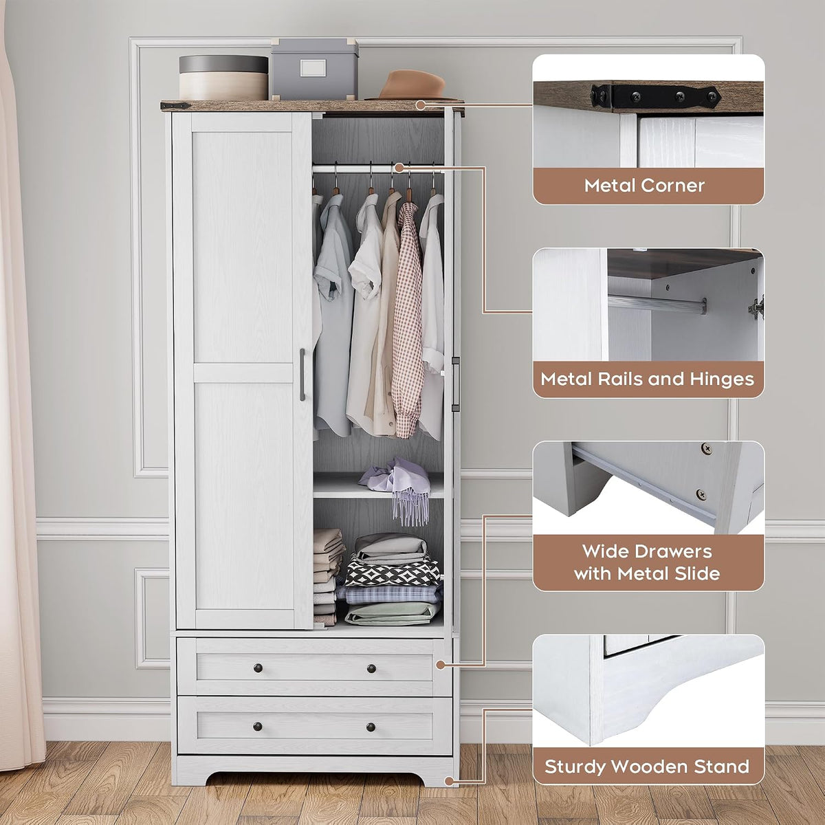 Brafab 2 Doors Wooden Armoire Wardrobe Closet with 2 Drawers, White | 2 Modern Doors, Freestanding, with Drawers and Hanging Rail, Wooden Storage Cabinet with Shelf, for Bedroom