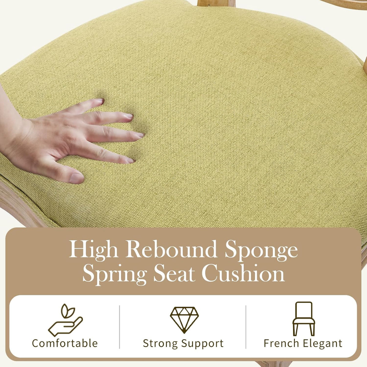 French Country Dining Chairs Set of 4，Fabric Upholstered Dining Chair with Round Back and Solid Leg, Rattan Kitchen Chairs for Dining Room, Living Room, Kitchen, Olive Green