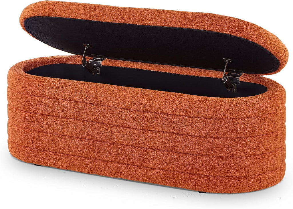 extrasleep Modern 43" Oval Storage Ottoman Bench with Safety Hinge, Upholstered Teddy Fabric End of Bed Bench with Hidden Storage, Comfy Foot Rest for Bedroom Living Room, Entryway Bench, Orange