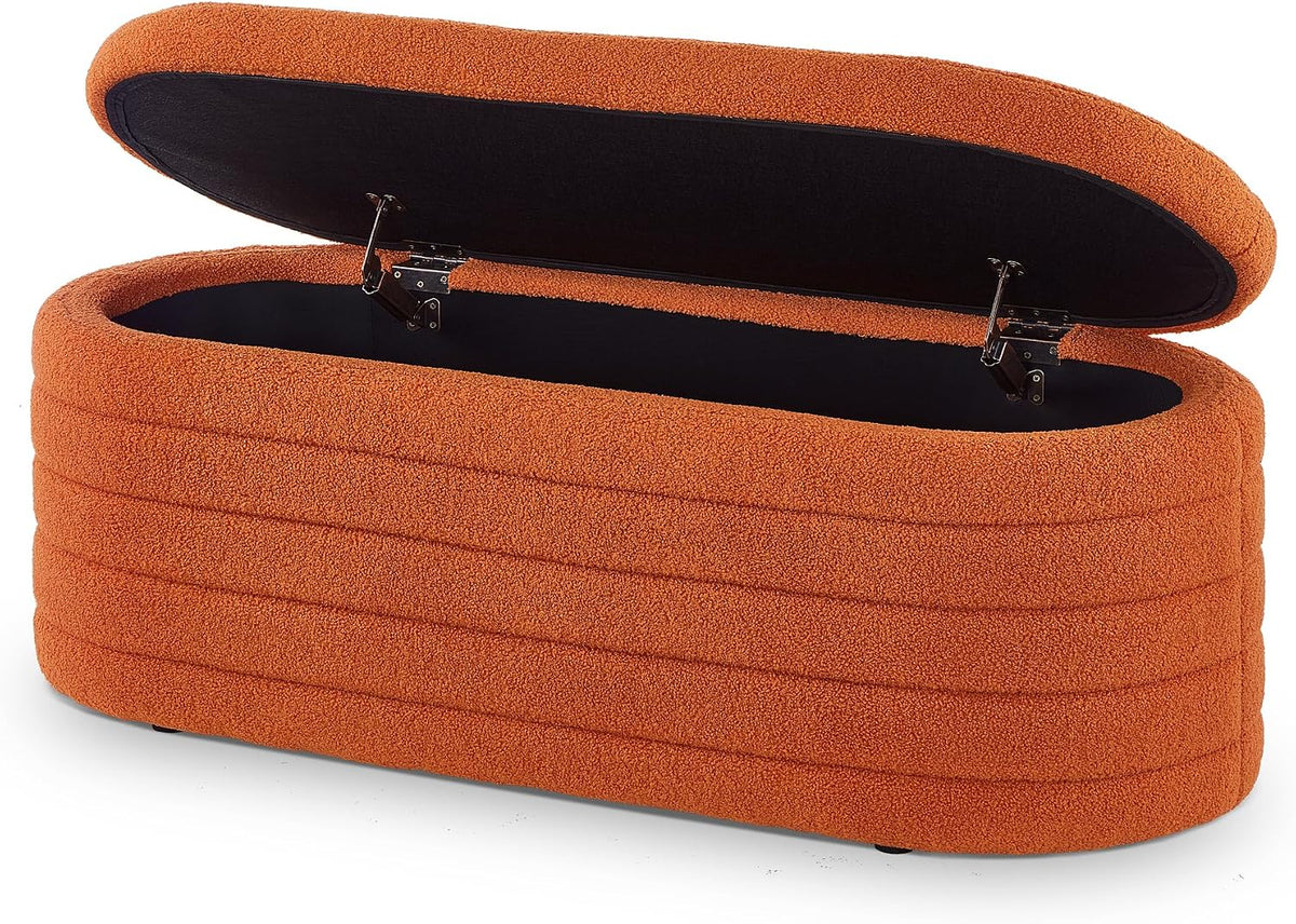 extrasleep Modern 43" Oval Storage Ottoman Bench with Safety Hinge, Upholstered Teddy Fabric End of Bed Bench with Hidden Storage, Comfy Foot Rest for Bedroom Living Room, Entryway Bench, Orange