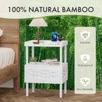 Amazer White Nightstand with Charging Station, Bamboo Night Stand for Bedroom, Bedside Table with USB Ports & Outlets, End Table with Lift-Up Drawer & Open Shelf