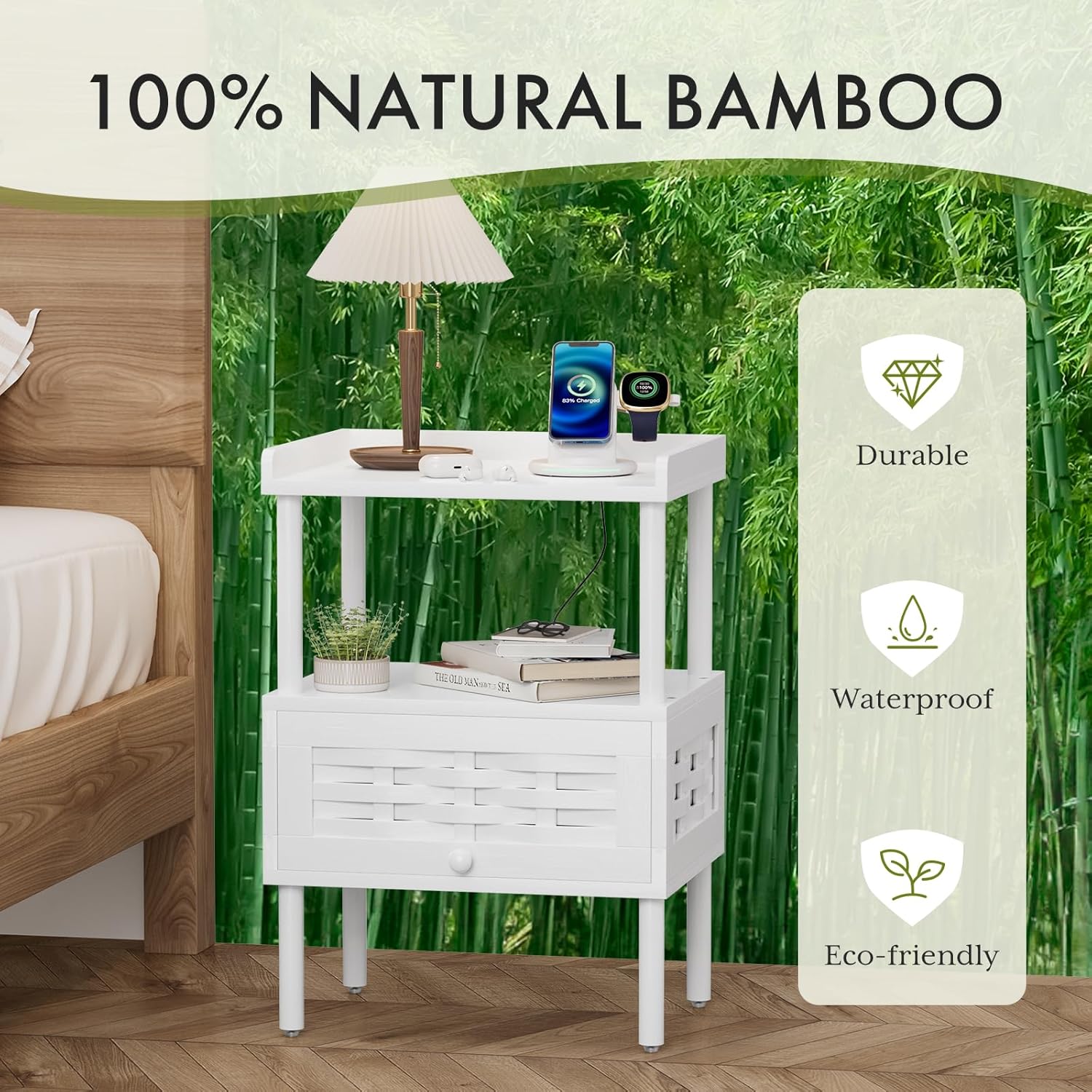 Amazer White Nightstand with Charging Station, Bamboo Night Stand for Bedroom, Bedside Table with USB Ports & Outlets, End Table with Lift-Up Drawer & Open Shelf