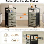 Lazzanto Night Stand with Charger Station, 4 Fabric Drawers, Grey | Nightstand, Bedside Table, Open Shelf, Built in USB-A, USB-C Port & AC Outlets, For Bedroom, Dorm, Living Room