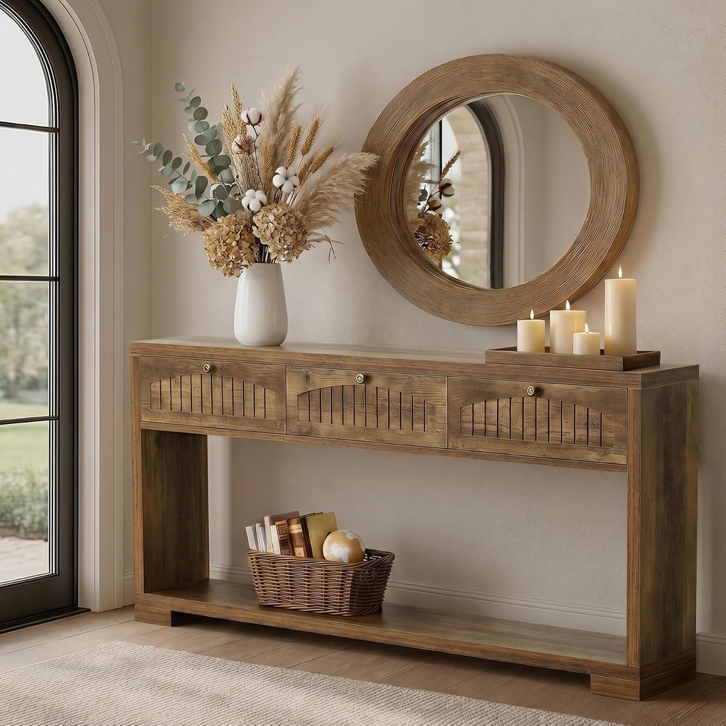 LITTLE TREE 70.8-Inch Console Entryway Table with 3 Drawers & 2-Tier Open Shelf, Farmhouse Narrow Long Sofa Table for Living Room, Entryway, Foyer, Hallway, Behind Couch, Entrance, Rustic Brown