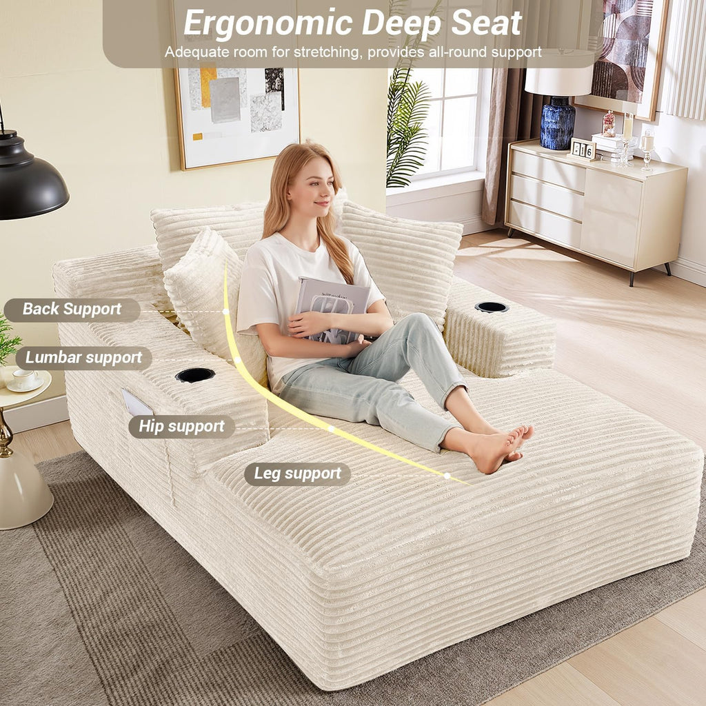 50" x 68" Corduroy Chaise Lounge, Cup Holders, Beige | Oversized corduroy chaise with a deep sleeper seat, built-in cup holders, and 3 pillows for reading, lounging, or naps.