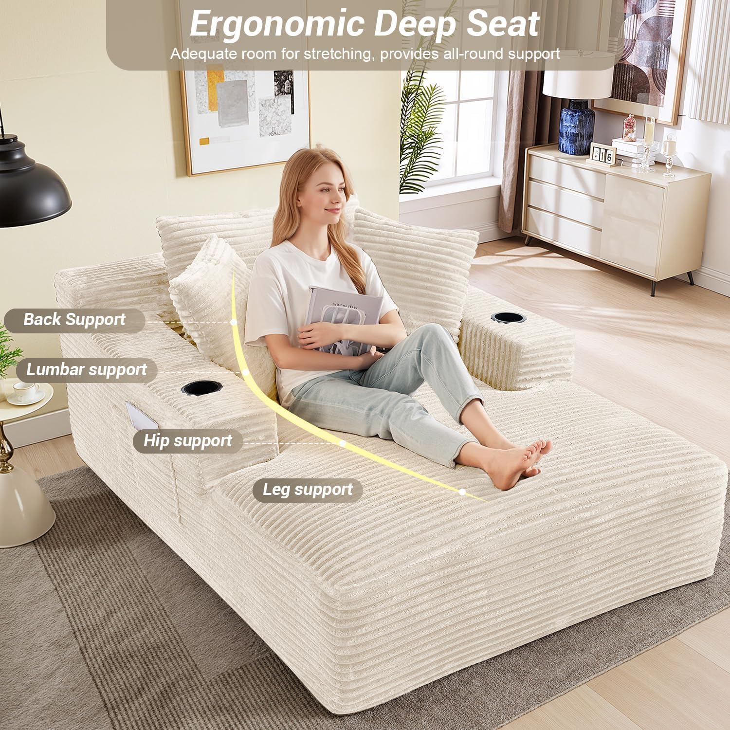 50" x 68" Corduroy Chaise Lounge, Cup Holders, Beige | Oversized corduroy chaise with a deep sleeper seat, built-in cup holders, and 3 pillows for reading, lounging, or naps.