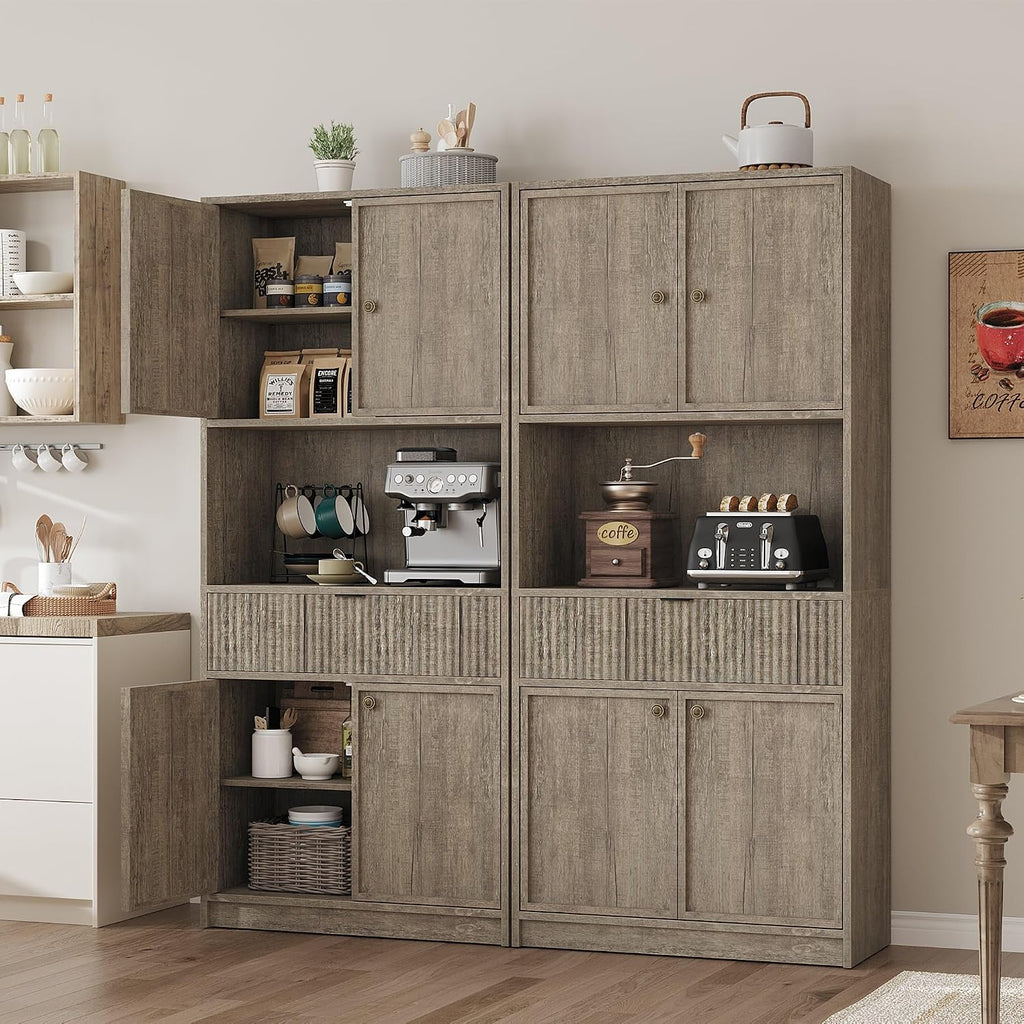 IDEALHOUSE Tall Storage Cabinet, 70" Kitchen Pantry Cabinet with Doors, Fluted Kitchen Hutch Cupboard with Microwave Shelf & Drawer, Freestanding Cupboard for Dining Room, Living Room, Gray