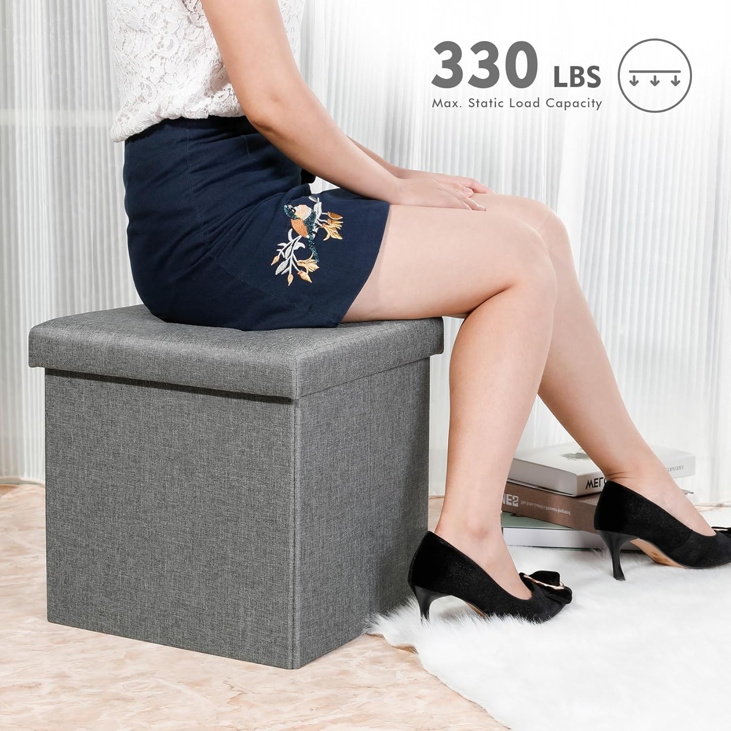 B FSOBEIIALEO Storage Ottoman with Tray, Linen Small Coffee Table Folding Foot Rest Seat Cube, Dark Grey 16"X15.7"x15" Double (2 Pack)