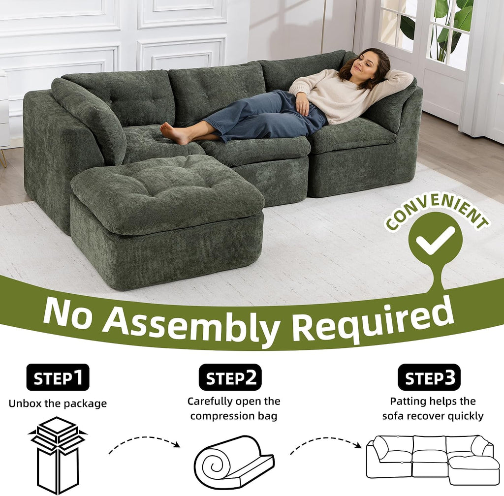 Modular Sectional Sofa with Ottoman, 112 Inch, Blackish Green
