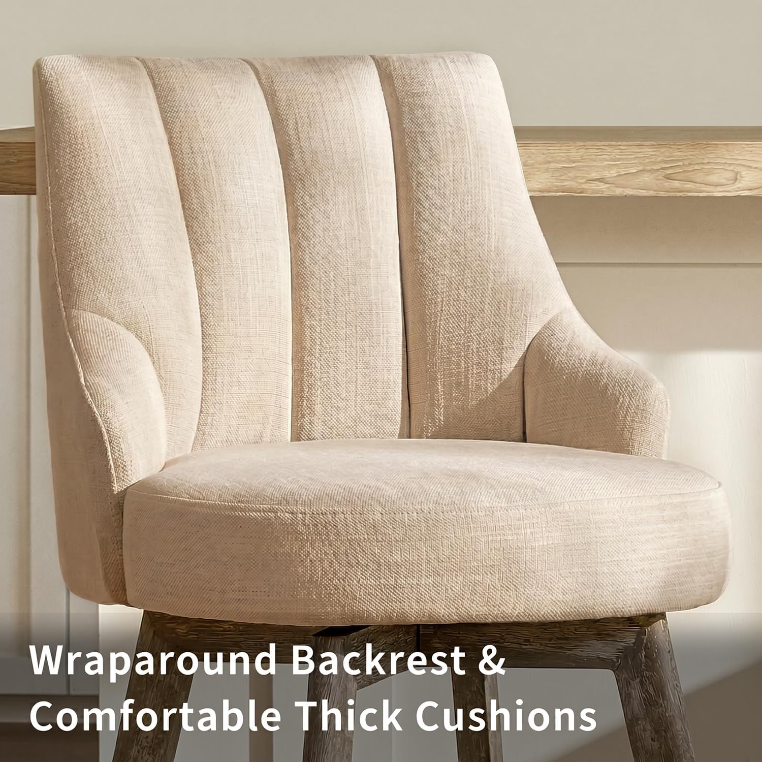 Swivel Counter Height Bar Stools,Barstools with Backs,Sand-Colored Bar Stools Set of 3,26'' Solid Wood Legs,Linen Fabric Thickened Seat Cushion Bar Stools