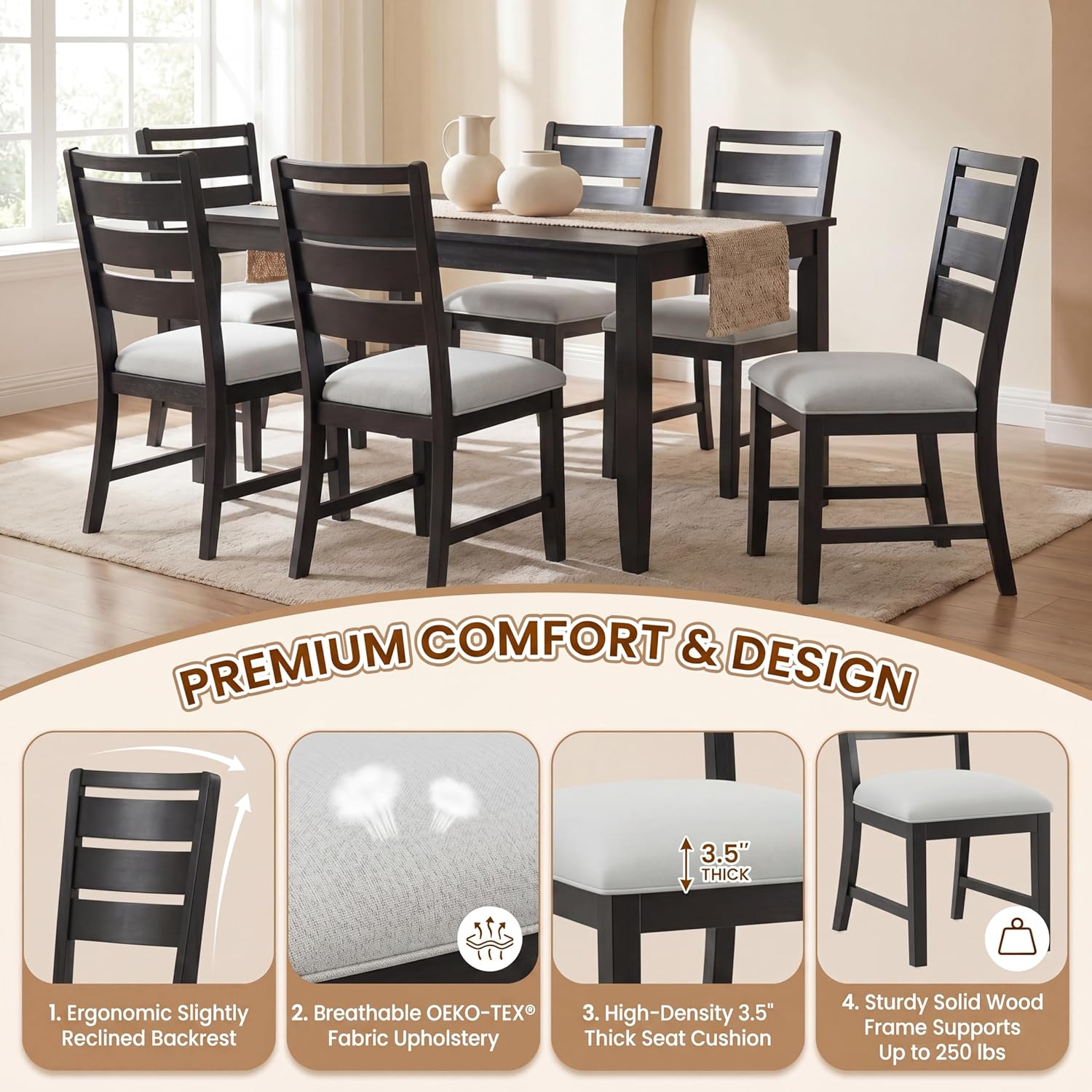 COLAMY Modern Dining Chairs Set of 4, Breathable Fabric Kitchen Chairs with High-Resilience Cotton Padding, Ergonomic Solid Wood Legs Accent Seating for Living Room 250LBS,Black
