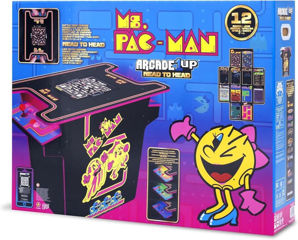 Arcade1Up Ms. PAC-MAN Head-to-Head Arcade Table, 12 Classic Games | Retro Home Arcade Machine with Light-Up Control Deck & Real-Feel Joysticks