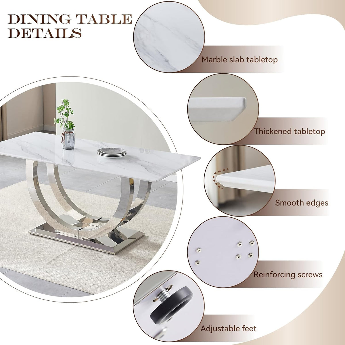 69.3" White Marble Dining Table for 6-8, Luxury Rectangular Kitchen Table with Silver Double U-Shape Stainless Steel Base, Modern Large Faux Marble Dining Room Table for Kitchen Living Room