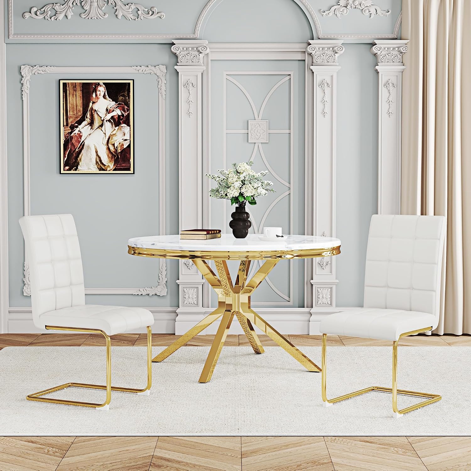 Modern Dining Chairs Set of 8, White PU Leather Chairs with Pull Ring Backrest and Gold Stainless Steel Legs, Easy-to-Assemble Kitchen Chairs for Dining Room, Living Room, or Bedroom