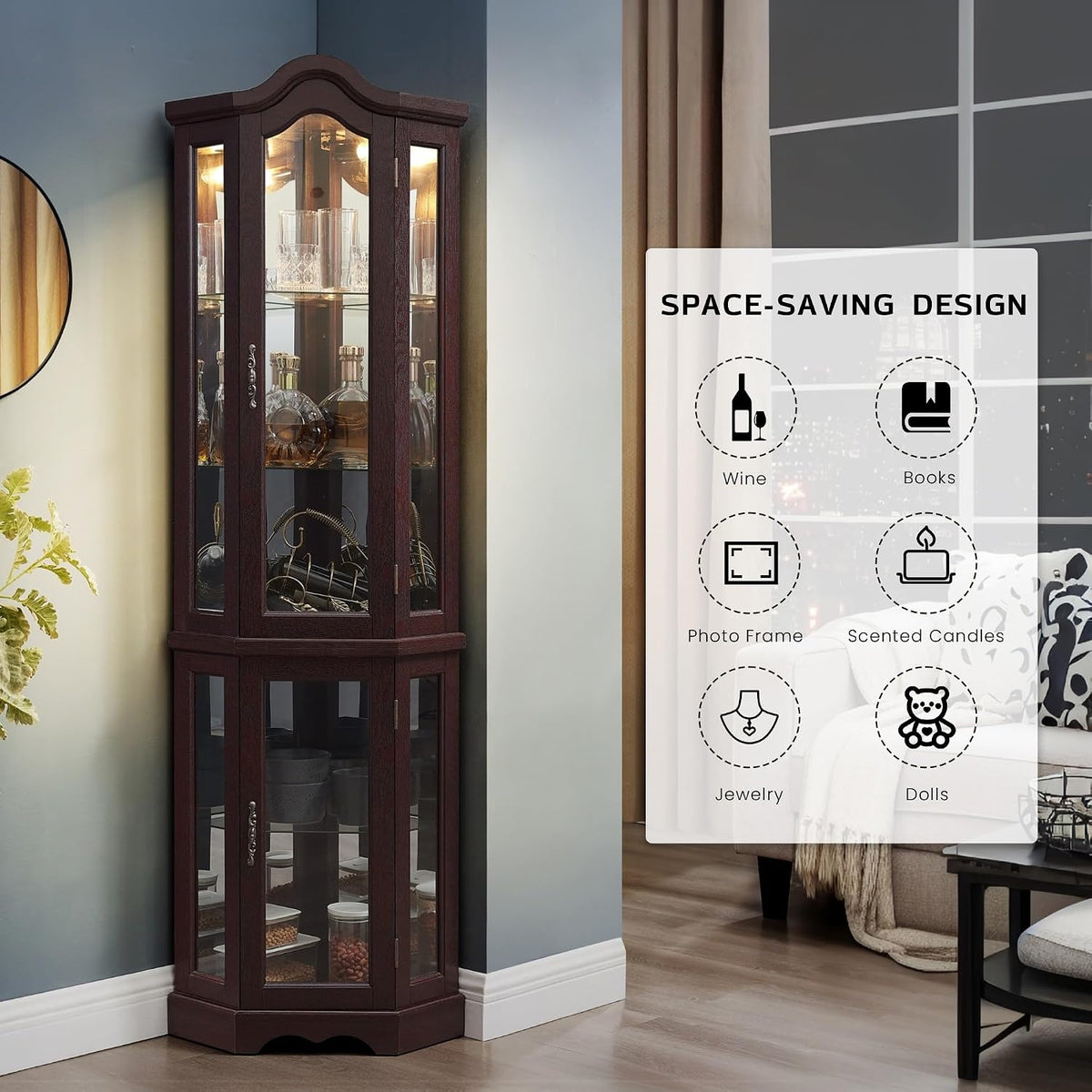 Lighted Corner Curio Cabinet 70.5" Tall Wooden China Cabinet with Tempered Glass Doors, Freestanding Glass Display Case Wine Cabinet Storage Rack for Bar and Liquor Storage (Dark Cherry)