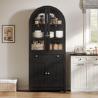 YITAHOME 71" Arched Pantry Cabinet with Glass Door, Shelves & Drawer, Black | Farmhouse Wood Cupboard with Adjustable Shelves for Living Room and Dining Room
