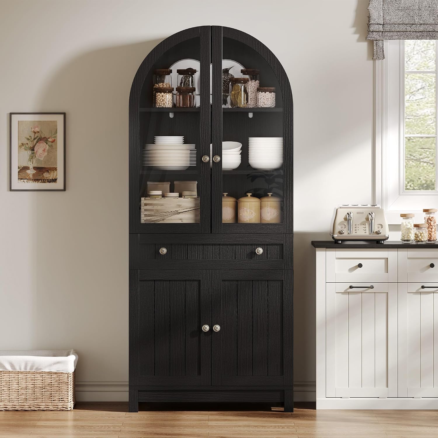 YITAHOME 71" Arched Pantry Cabinet with Glass Door, Shelves & Drawer, Black | Farmhouse Wood Cupboard with Adjustable Shelves for Living Room and Dining Room