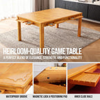 63" Solid Wood Board Game Table for Gaming/Dining, Removable Top | Gaming Table for 4–6 Players with 54" x 30.7" Play Area, Neoprene Play Mat, Leaf Storage Rack, 6 Cup Holders & Trays, Nature