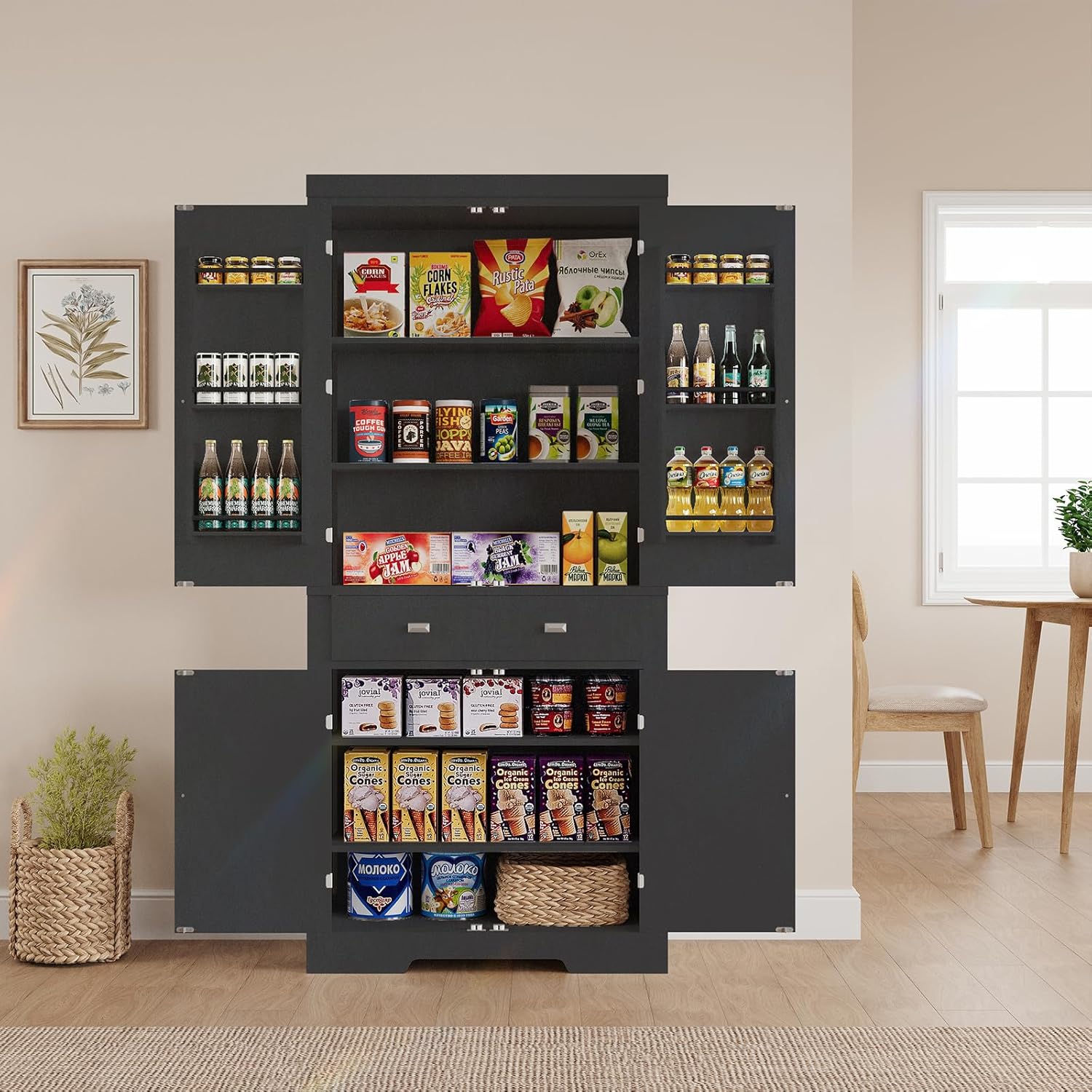 72" Kitchen Pantry Storage Cabinet, Utility Freestanding Food Pantry with 2 Drawer & 6 Door Shelves, Modern Wood Tall Cupboard with 4 Adjustable Shelves for Dining Room, Living Room, Kitchen,Black