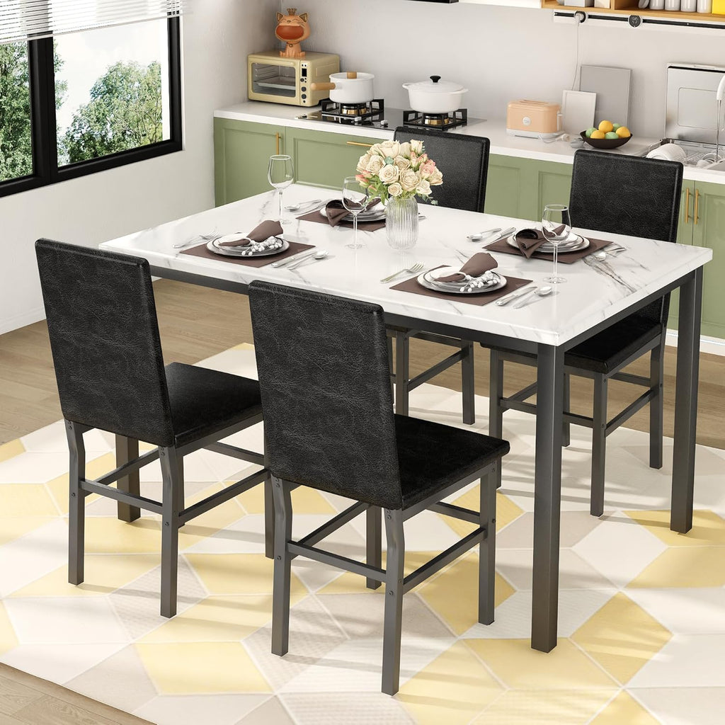 Dining Table Set for 4, 5-Piece Faux Marble Dining Set,4 Upholstered PU Chairs, Modern Kitchen Table Furniture for Dining Room,Compact Space-Saving Faux Marble Tabletop (White + Black)