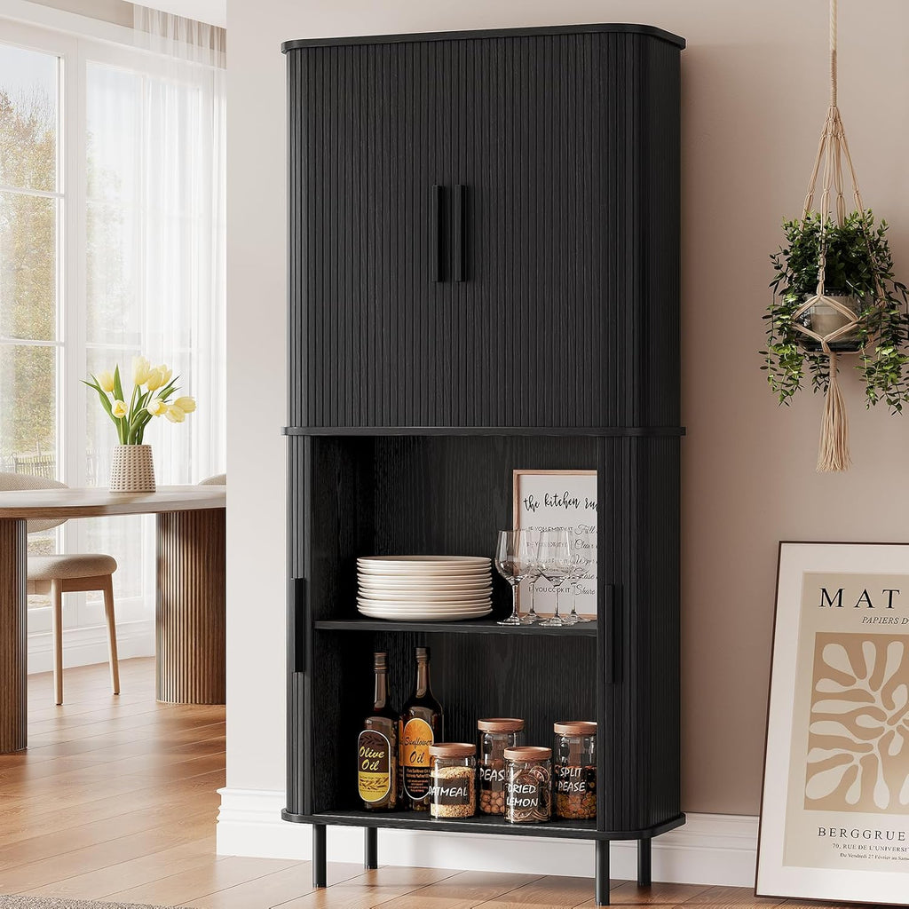 71" Tall Fluted Pantry Cabinet, Mid-Century Modern Kitchen Pantry Storage Cabinet with 2 Pegboards, 10 Hooks, Freestanding Cupboard with 4 Adjustable Shelves, Sliding Doors (Black)
